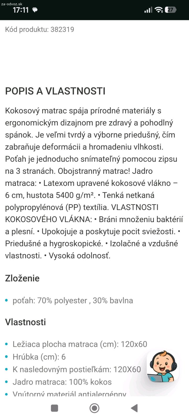 detský matrac. detský matrac, ako nový , kokosový,popis na fotkách. čistý, nepoškodeny žiadne fľaky. rozmery 120x60. len osobný odber Kozárovce okres Levice, instantna káva poteší nie je podmienkou